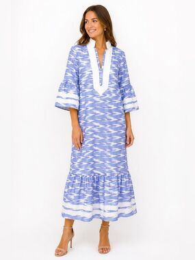 NWT Sail to Sable x Style Charade Ikat Stripe Kit Caftan Dress XS Blue Cotton